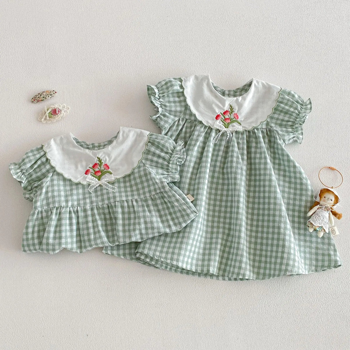 3M-2Y Summer Pastorale Style Plaid Baby Bodysuit Floral Embroidered Peter Pan Collar One Piece Clothes Green Soft Girls Romper
